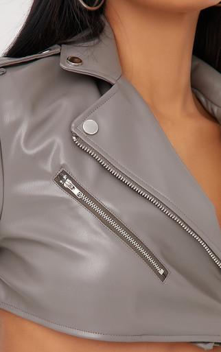Zip Detail Cropped Biker Jacket In Grey Faux Leather | EGO Shoes