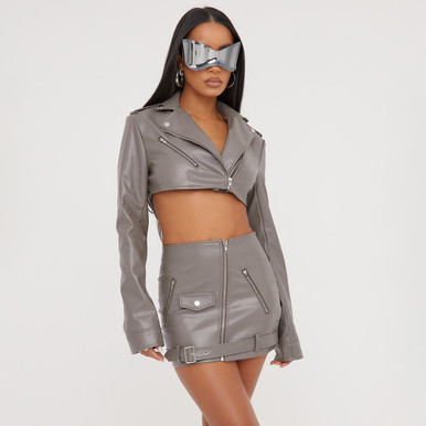 Zip Detail Cropped Biker Jacket In Grey Faux Leather | EGO Shoes