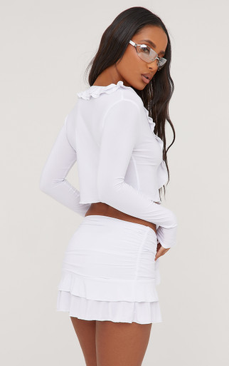 Long Sleeve Tie Front Frill Detail Crop Top In White Slinky | EGO