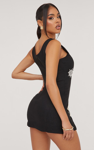 Square Neck Embellished Crucifix Detail Split Leg Mini Dress