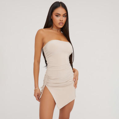 Bandeau Ruched Side Detail Asymmetric Mini Dress In Stone | EGO US
