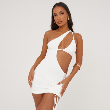 white one shoulder asymmetric lace up bodycon dress One Shoulder Asymmetric Midi Dress In White Shirred | EGO US