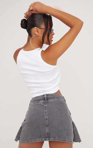 ★GLOWNY★ CIAO BUCKLE MINI SKIRT GRAY GY24FASK007 GLOWNY Ciao Buckle Mini Skirt - Gray | International Store