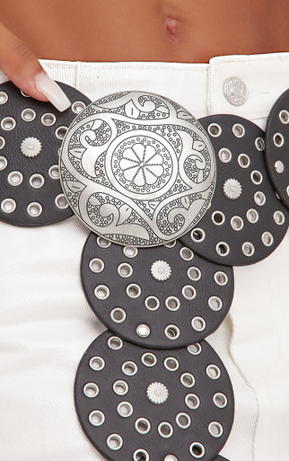 Oversized Silver Disc Detail Western Belt In Black Faux  display picture 2