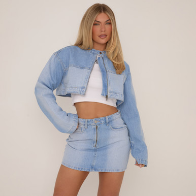 High Neck Zip Front Motocross Cropped Jacket In Blue Denim | EGO
