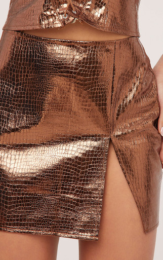 High Waist Side Split Mini Skirt In Bronze Croc Print Metallic