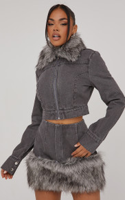 High Waist Faux Fur Trim Detail Mini Skirt In Grey Denim | EGO US
