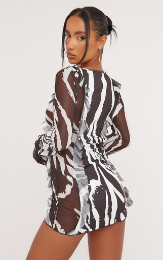 orange zebra print mesh flared sleeve tie waist bodycon dress Orange Zebra Print Mesh Flared Sleeve Tie