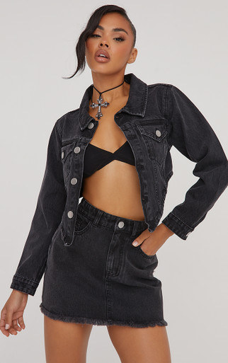 Distressed Crucifix Detail Cropped Jacket In Black Denim | EGO US