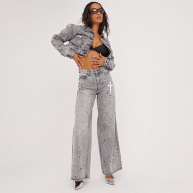 High Waist Paint Splat Crucifix Detail Straight Leg Jeans In