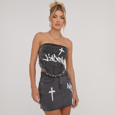 Bandeau Frayed Detail 'J'Adore' Slogan Crucifix Print Corset