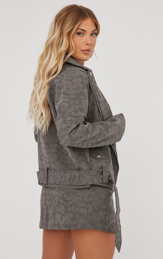 Oversized Zip Detail Biker Jacket In Grey Acid Wash Faux Leather