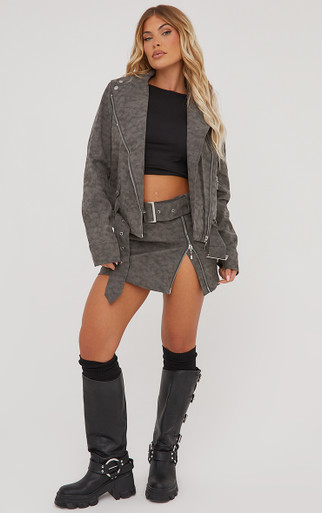 Oversized Zip Detail Biker Jacket In Grey Acid Wash Faux Leather