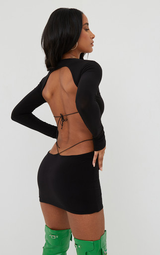 Long Sleeve Backless Thong Detail Mini Bodycon Dress In Black | EGO US | EGO
