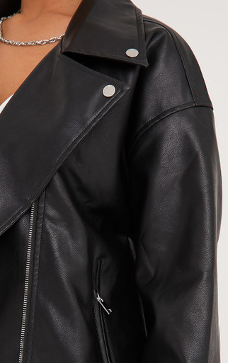 Zip Belt Detail Oversized Biker Jacket In Black Faux Leather | EGO