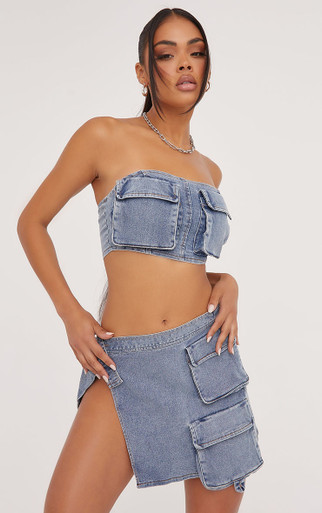 Multi Pocket Detail Cargo Wrap Mini Skirt In Blue Denim