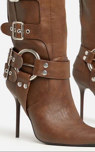 Rockstar Buckle Ring Detail Pointed Toe Stiletto Heel Mid Calf