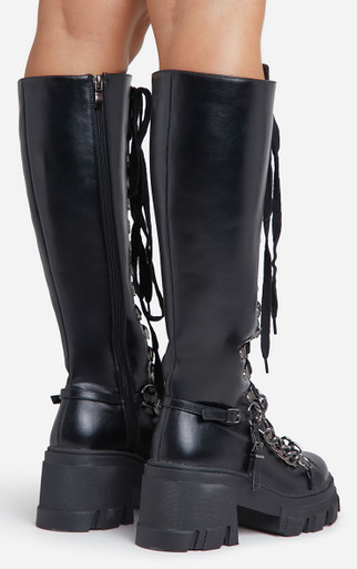 Morgan Chunky Sole Lace Up Chain Detail Knee High Long Biker Boot