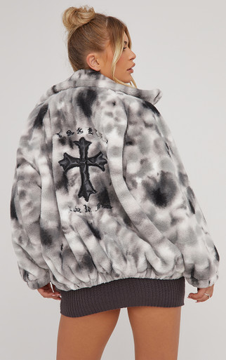 Oversized Crucifix Detail Bomber Jacket In Black Acid Wash Faux