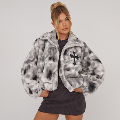 Oversized Crucifix Detail Bomber Jacket In Black Acid Wash Faux