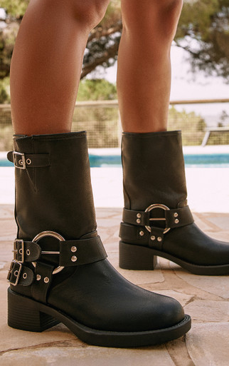 靴 y2k ring heal Buckle Boot crocoleather Motorbike Ring Buckle Detail Ankle Biker Boot In Black Faux
