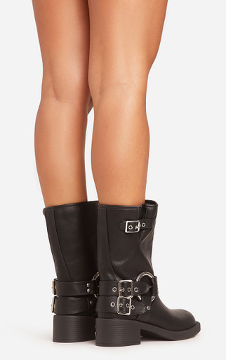 靴 y2k ring heal Buckle Boot crocoleather Motorbike Ring Buckle Detail Ankle Biker Boot In Black Faux