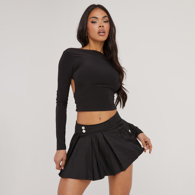 High Waist Pocket Detail Pleated Cargo Mini Skirt In Black Woven