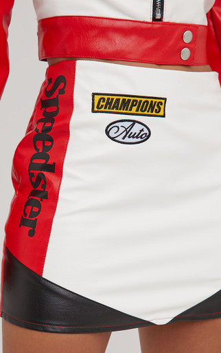 High Waist Motocross Detail Mini Skirt In Multi Red Faux