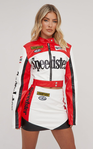 High Waist Motocross Detail Mini Skirt In Multi Red Faux