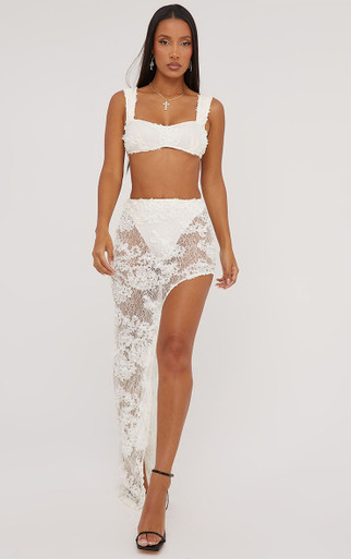 High Waist Split Leg Detail Asymmetric Maxi Skirt In Cream