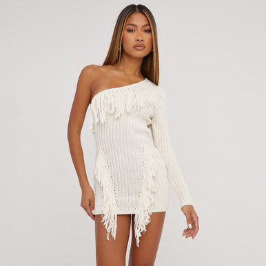 One Sleeve Fringe Detail Mini Bodycon Dress In Cream Knit | EGO US