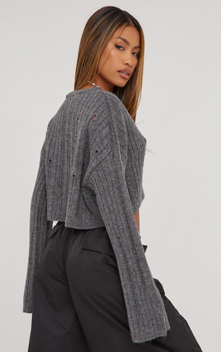 V Neck Button Front Cropped Cardigan In Charcoal Knit | EGO UK | EGO