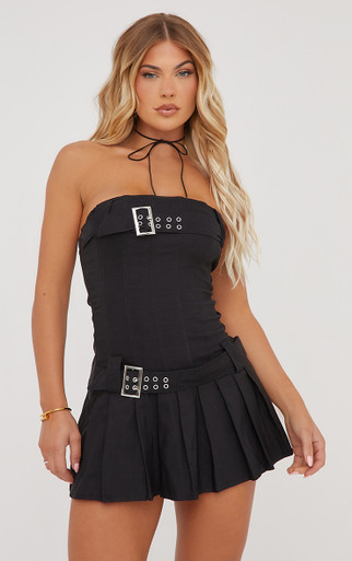premium black woven bandeau contrast pleated hem mini dress Women's Premium Black Woven Bandeau Contrast Pleated Hem Mini Dress