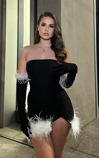 Bandeau Contrast Faux Feather Trim Detail Split Leg Mini Bodycon Dress With Gloves In Black | EGO EU