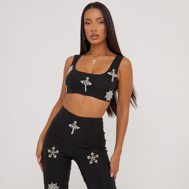 Square Neck Embellished Crucifix Detail Crop Top In Black | EGO US