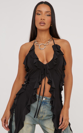 Plunge Halterneck Extreme Frill Detail Top In Black | EGO US | EGO