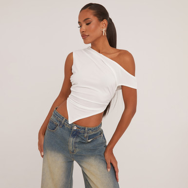 Slouchy One Shoulder Ruched Detail Top In Cream | EGO Shoes