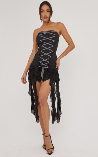 Bandeau Lace Up Front Frill Detail Mini Dress In Black