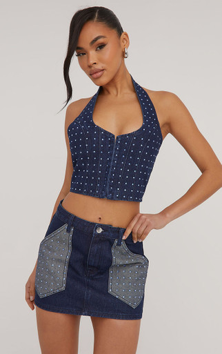 High Waist Diamante Detail Contrast Mini Skirt In Dark Blue