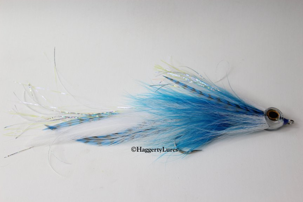 Jointed Muskie Fly - Blue and White - 5/0 Hook 7-8 long - Haggerty Lures