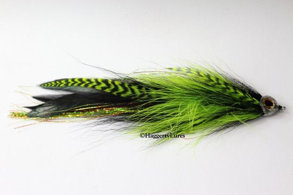 Black and Chartreuse Green Jointed Muskie Fly with Fish Skull Fish Mask.