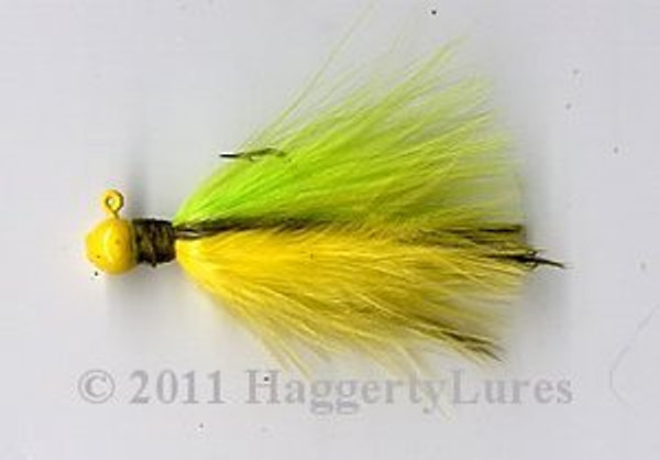 Kurt’s Crappie Killer - Chartreuse and Yellow marabou jig with lateral line and Yellow head.