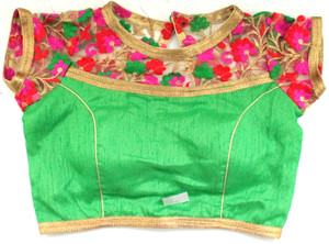 Readymade Blouse made of Silk Fabric in Green with Floral Lace Work GRNPNK36