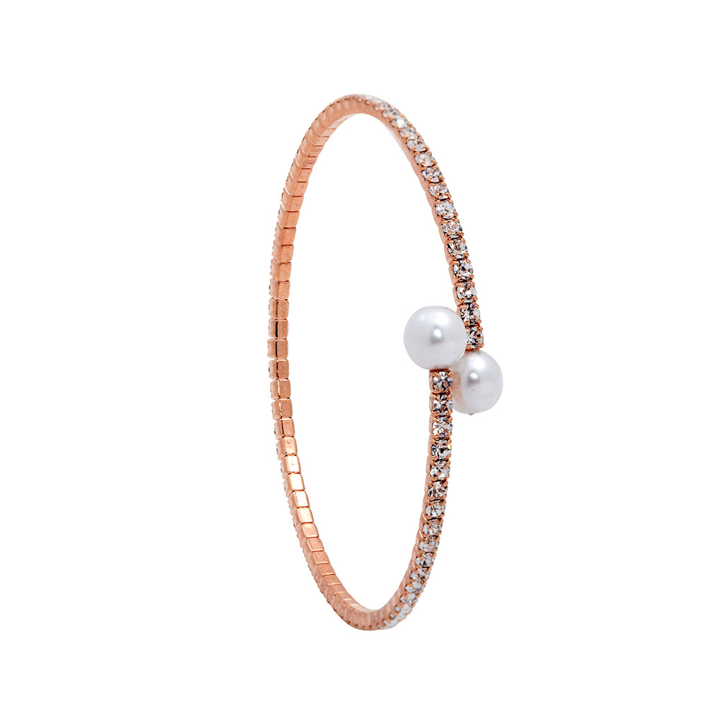 Rose Gold Plated 1 Line Crystal Wrap Bracelet with Small Pearls