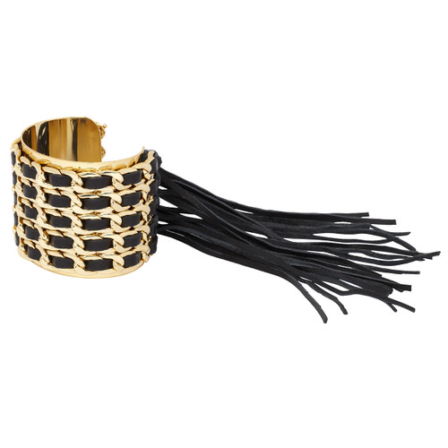 Yellow Gold Plated/Black Leather Jett Cuff