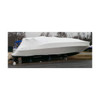 Large boat fully covered with white marine shrink wrap for seasonal outdoor storage