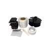 Shrink wrap accessory kit with woven strapping, vents, buckle protectors, tape, cutter, and hardware