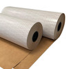 Two poly-coated fiberglass scrim reinforced kraft paper rolls partially unrolled to show kraft paper backing