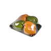 Clear polyolefin shrink film wrapped around green and orange bell peppers on a produce tray