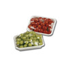 Clear polyolefin shrink film packaging fresh tomatoes and green grapes in produce trays